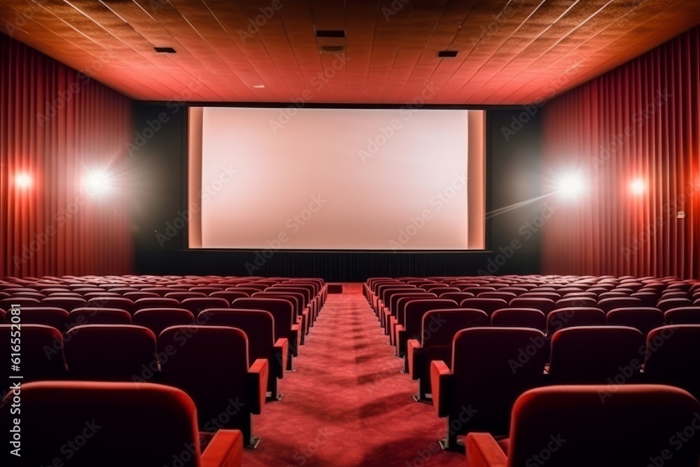 Empty cinema auditorium with white screen. Generative AI