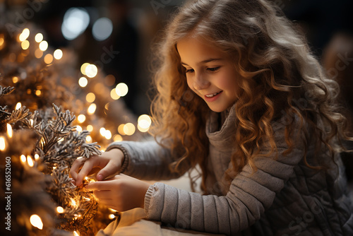 girl attaches Christmas decorations to the Christmas tree Ai generative