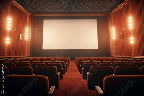 Empty cinema auditorium with white screen. Generative AI