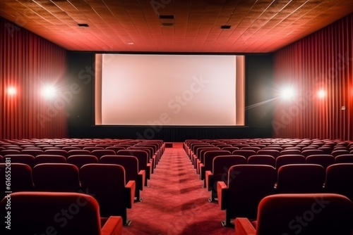 Empty cinema auditorium with white screen. Generative AI