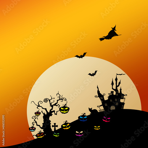 Happy halloween day with pumpkin tree and haunted castle on moonlight wallpaper background