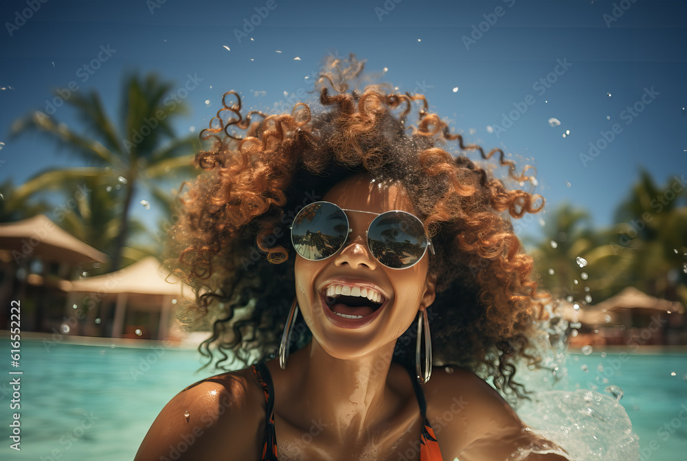 Photo of a woman enjoying the refreshing summer water in a colorful bikini