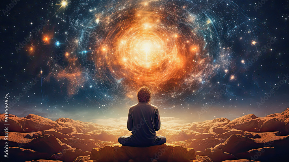 man in meditation in front of a galactic sky, midjourney ai