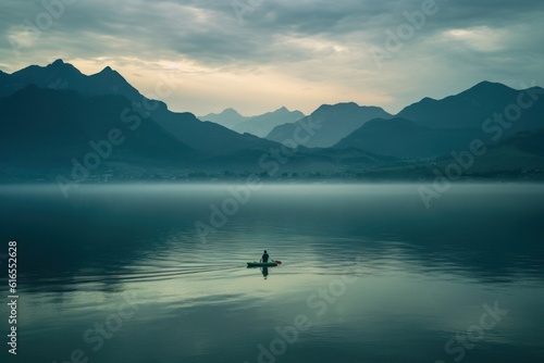 Boat at the lake at sunset with mountains in the background. Illustration AI ...