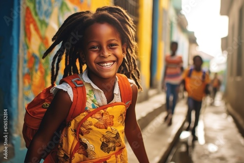 A vibrantly colored, photo of a young student girl with a beaming smile, holding up her new, brightly - patterned backpack. Generative AI