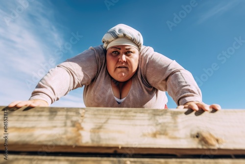 A low angle shot of an overweight woman triumphantly holding a plank position. Generative AI © Mustafa
