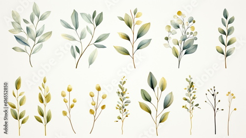 Watercolor floral illustration set - green & gold leaf branches collection, for wedding stationary, greetings, wallpapers, fashion, background. Eucalyptus, olive, green leaves