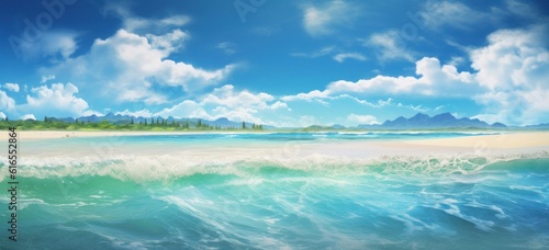 Blue tropical beach background. Illustration AI Generative.