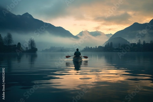 Boat at the lake at sunset with mountains in the background. Illustration AI ...
