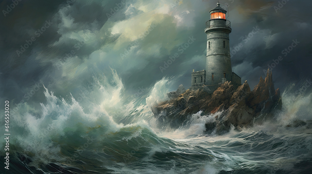 Storm at sea. Dramatic seascape with crashing waves, lighthouse, rocky shore.