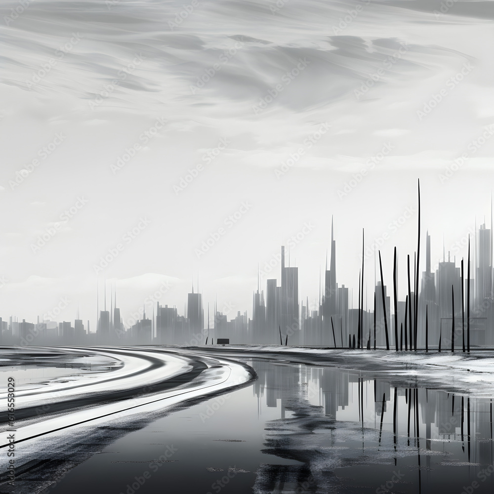 Fototapeta premium Inspiring linear minimalist modern monochromatic anamorphic muted naturalistic portrait of a post apocolyptic city scape