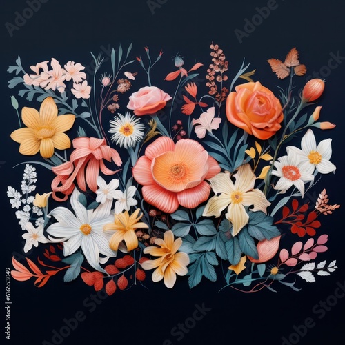 Flowers on dark background. Illustration AI Generative.