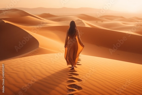 Girl walking in the sand of desert at sunset. Illustration AI Generative