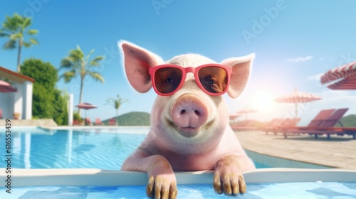 Cute pink pig in the swimming pool. Illustration AI Generative.