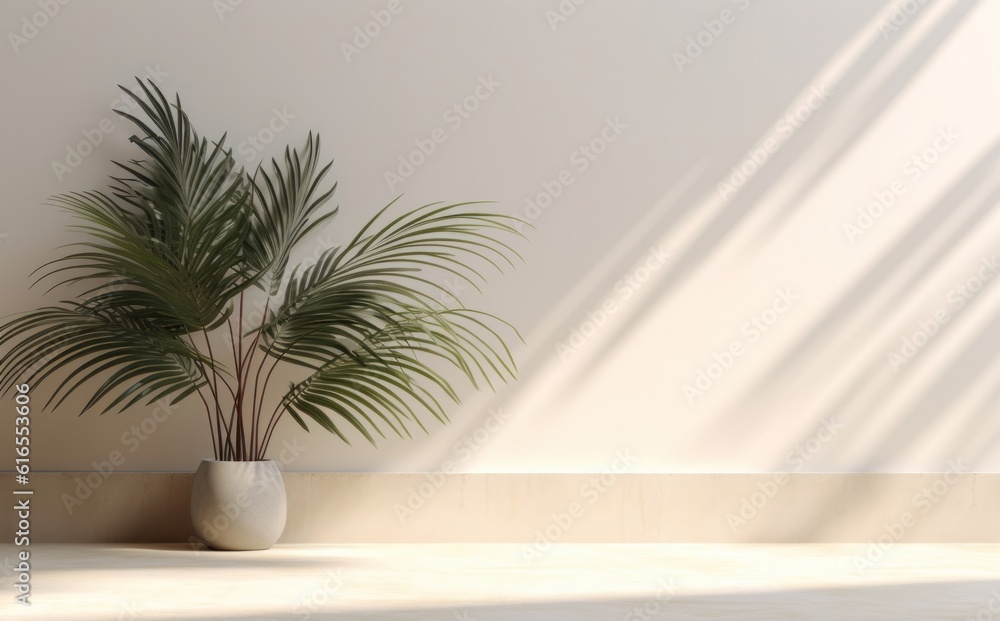 Room with wooden floor and palm shadow. Illustration AI Generative Room with wooden floor and palm shadow. Illustration AI Generative