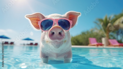 Cute pink pig in the swimming pool. Illustration AI Generative.