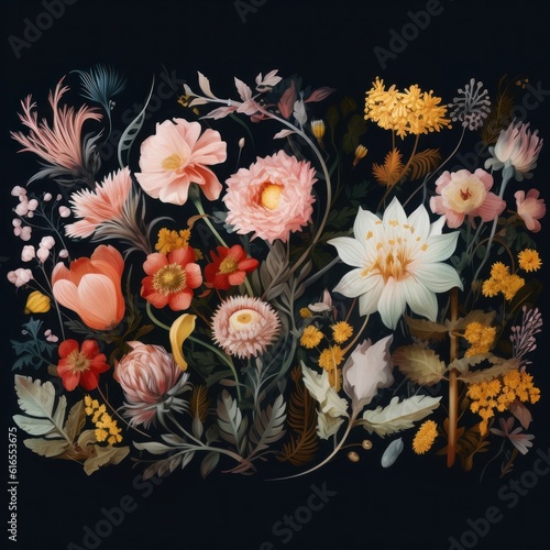 Flowers on dark background. Illustration AI Generative.