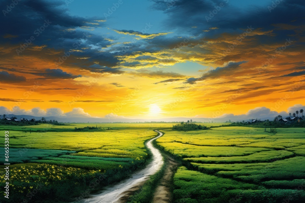 A road leading to a field at sunset, Illustration AI Generative.