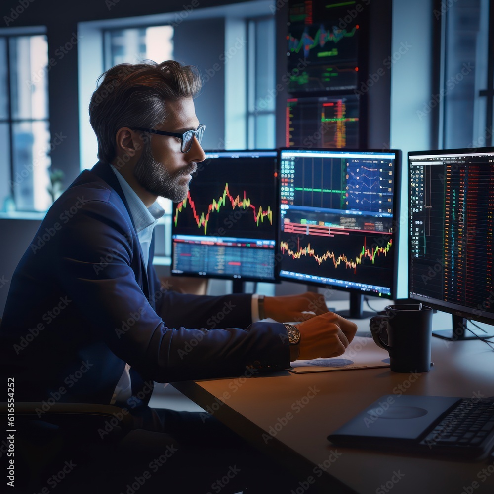 trader investor set on desk and look at big trading charts screens 