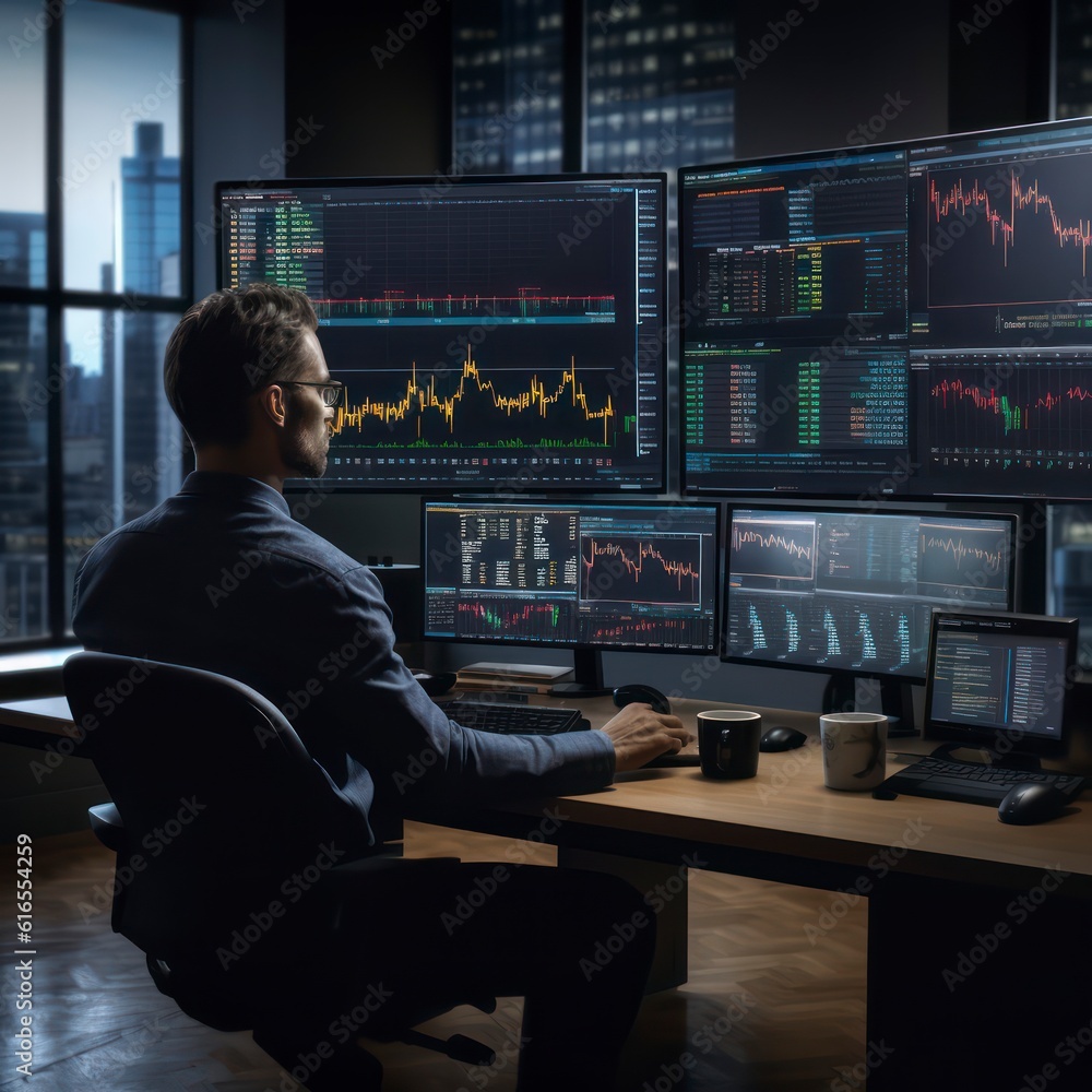 trader investor set on desk and look at big trading charts screens trader investor set on desk and look at big trading charts screens