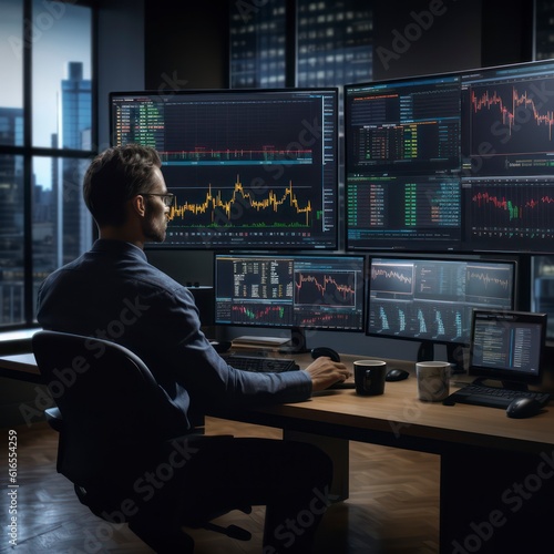 trader investor set on desk and look at big trading charts screens 