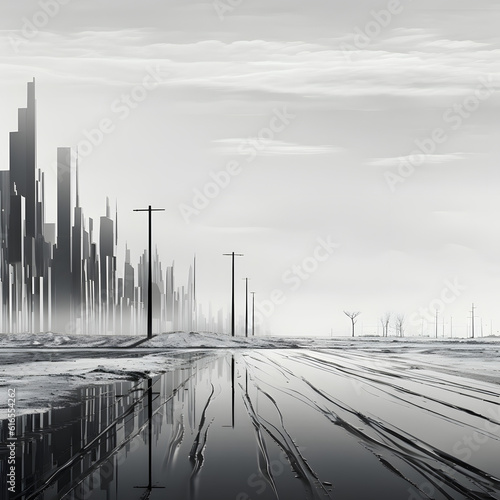 Inspiring linear minimalist modern monochromatic anamorphic muted naturalistic portrait of a post apocolyptic city scape photo