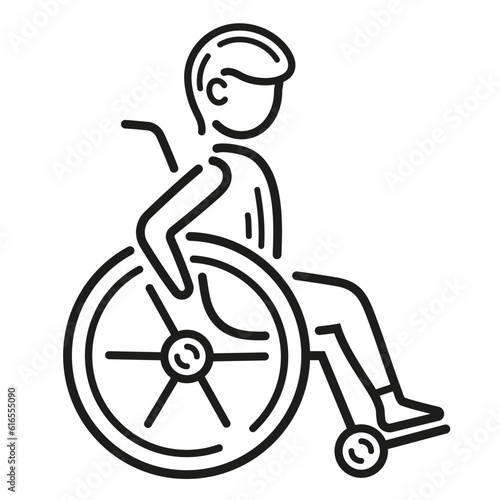 Person with disability in wheelchair, human with physical health disorder care, hospital patient seat in medical wheel chair line icon. Public toilet room. Rehabilitation transport equipment. Vector
