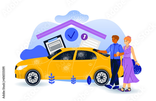 Auto insurance concept. Couple buys or rents car and signs insurance policy. Character take care, protection and safety of their vehicles. Cartoon flat vector illustration isolated on white background