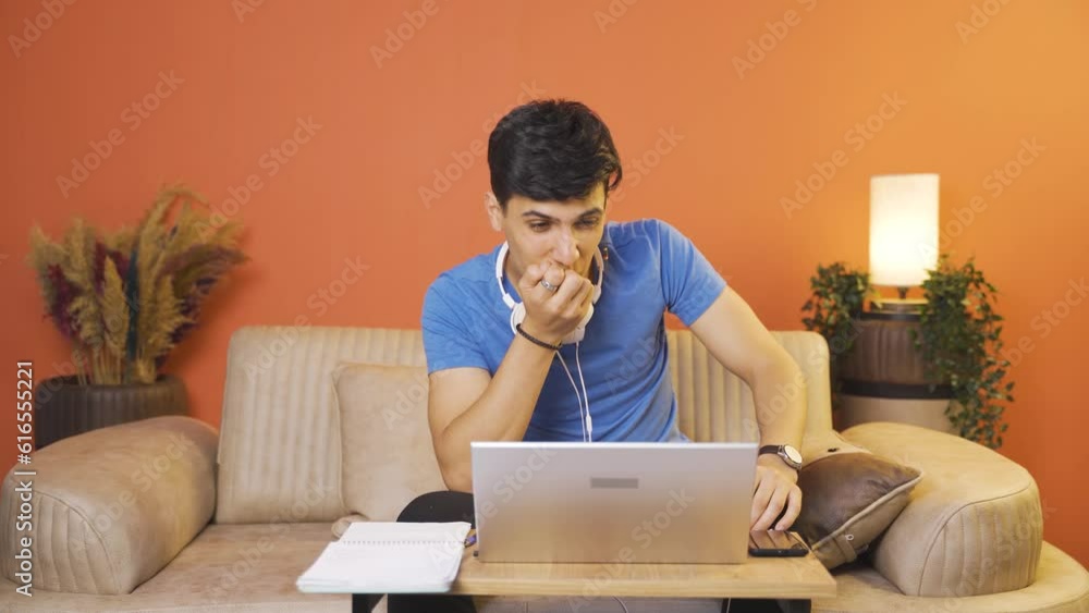 The man who likes the application on the laptop is happy. The man who likes the application on the laptop is happy.