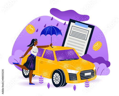 Auto insurance concept. Woman bought car and signed full coverage insurance policy. Character takes care, secured and protects automobile. Cartoon flat vector illustration isolated on white background