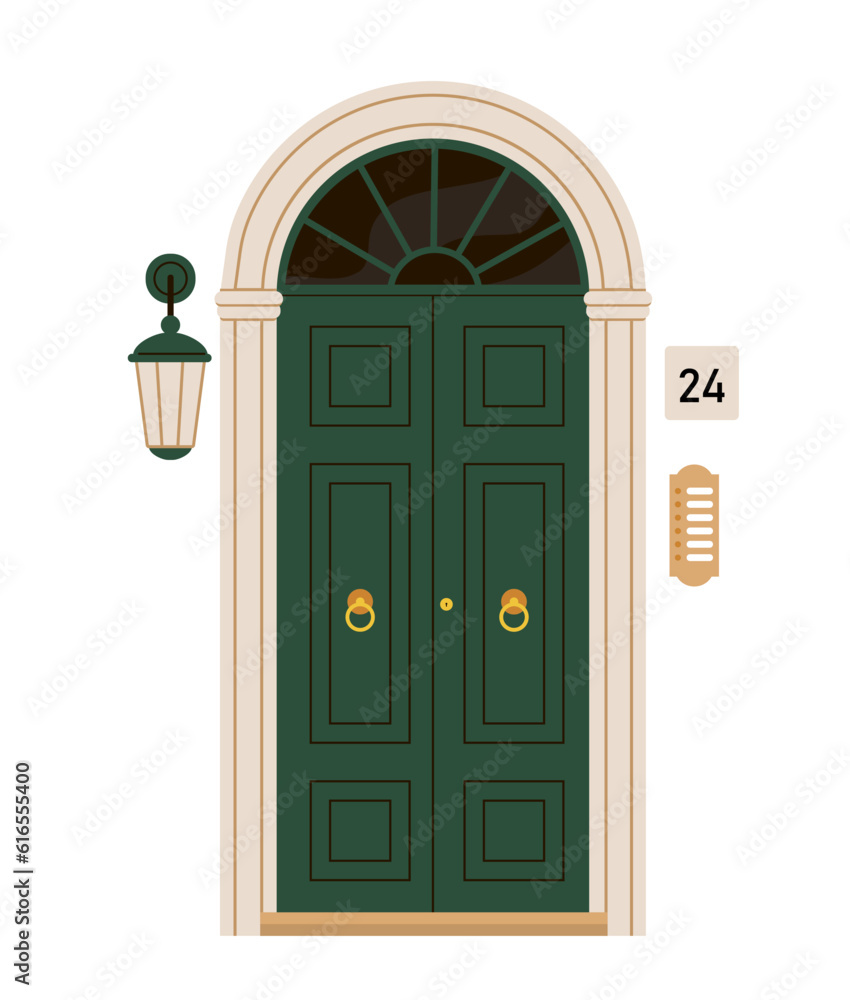 Green door with lamp vector concept Green door with lamp vector concept