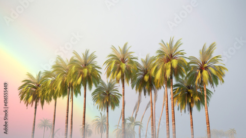 A tropical row of palm trees with rainbow colors