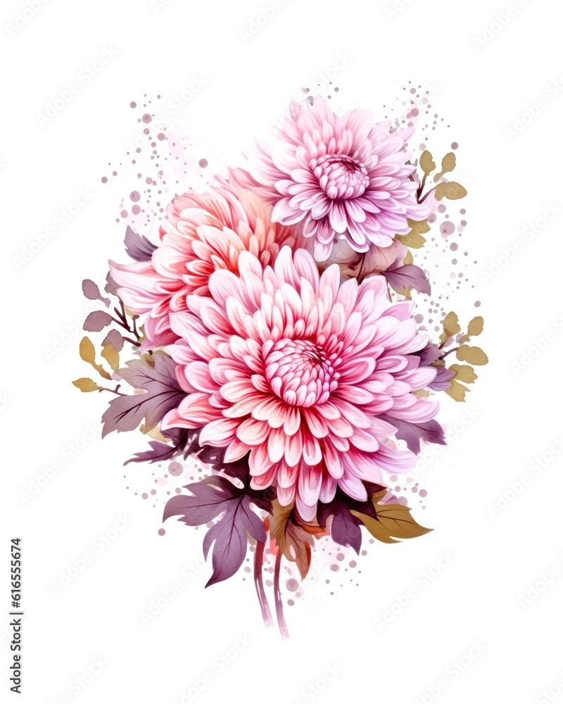 Bouquet of pink chrysanthemums isolated on white background in watercolor style. Generative AI.