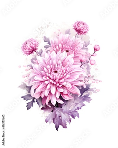 Bouquet of pink chrysanthemums isolated on white background in watercolor style. Generative AI.