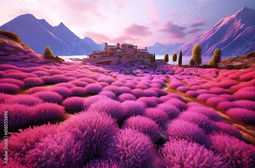 3d render of a lavender field with a house on top ai generated