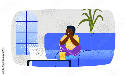 Man at home. Smiling boy sitting on couch and watching movie on laptop. Young character resting and spending time alone at leisure. Cartoon flat vector illustration isolated on white background