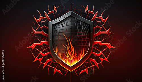 Abstrakt illustrative Darstellung einer Firewall, in Form eines Schutzschildes, die Ihren Einsatz in der Computersicherheit findet und den Datenverkehr kontrolliert.
