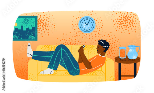 Man at home. Teenager lying on orange sofa and resting. Smiling character with mobile phone texting. Calm boy spending time alone. Cartoon flat vector illustration isolated on white background
