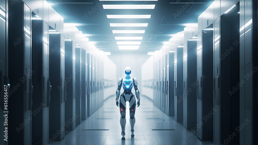 Fototapeta premium Big Data Center Ai robot cyborg humanoid In Warehouse Servers, Concept for Industrial Revolution -Generative Ai