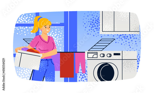 Woman at home. Independent housewife girl washes and dries clothes in washing machine. Young smiling female character cleaning house. Cartoon flat vector illustration isolated on white background
