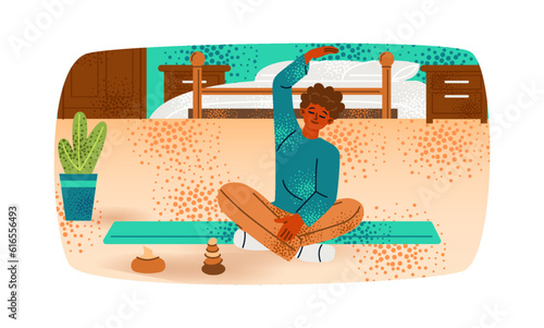 Woman at home. Teenager doing yoga alone in cozy interior. Girl do exercises on mat. Young character doing stretching in lotus position. Cartoon flat vector illustration isolated on white background
