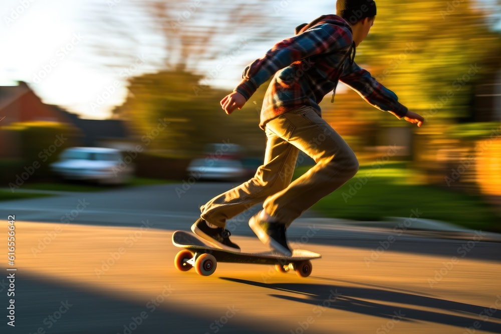 An environmental full body shot of a teenage boy on a skateboard, racing off to school. Generative AI
