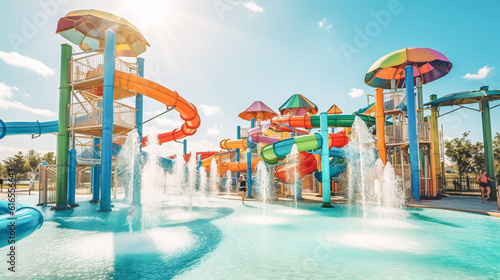 Vibrant brightly colored waterslides with splashing water at adventure park photo