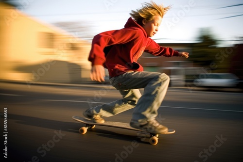 An environmental full body shot of a teenage boy on a skateboard, racing off to school. Generative AI