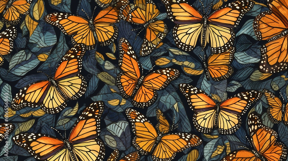 Flat lay image of monarch butterflies in a repeating pattern