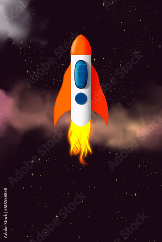 Cartoon Rocket in space. The flight of a spaceship with fire from turbines against pink glowing nebula trail in cosmos.
