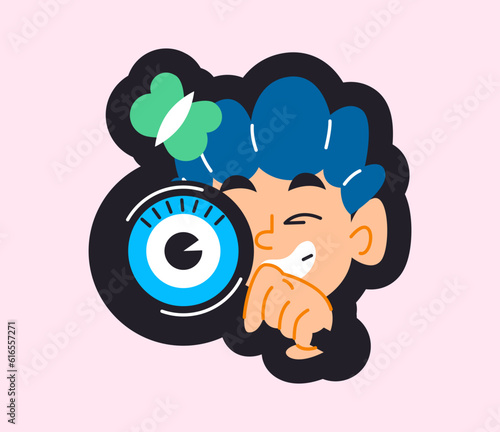 Back to school icon. Badge with curious smart boy and magnifying glass. Science and education concept. Schoolboy sticker for social media. Cartoon flat vector illustration isolated on white background