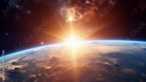 The sun emerging from beyond the Earth horizon in space.
