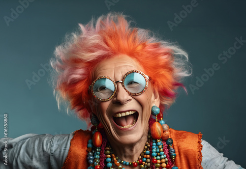 Photo of a happy elder woman with vibrant orange hair and stylish sunglasses