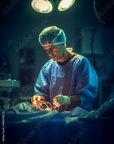 Man surgeon at work in operating room, preparation for operation ai generated